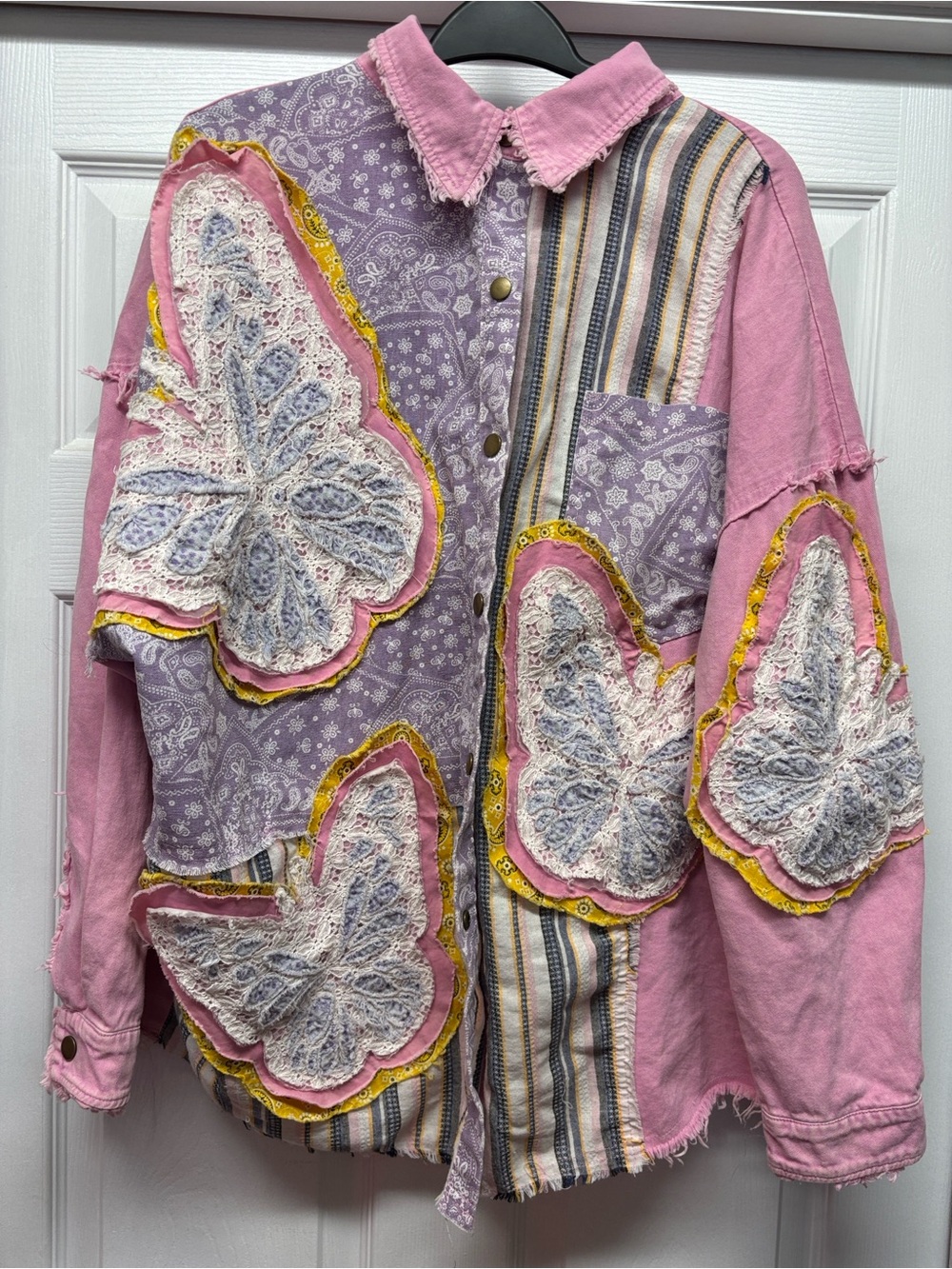 Blue Velvet Pink & Lavender Patchwork Butterfly Lace Snap Button Shirt Medium